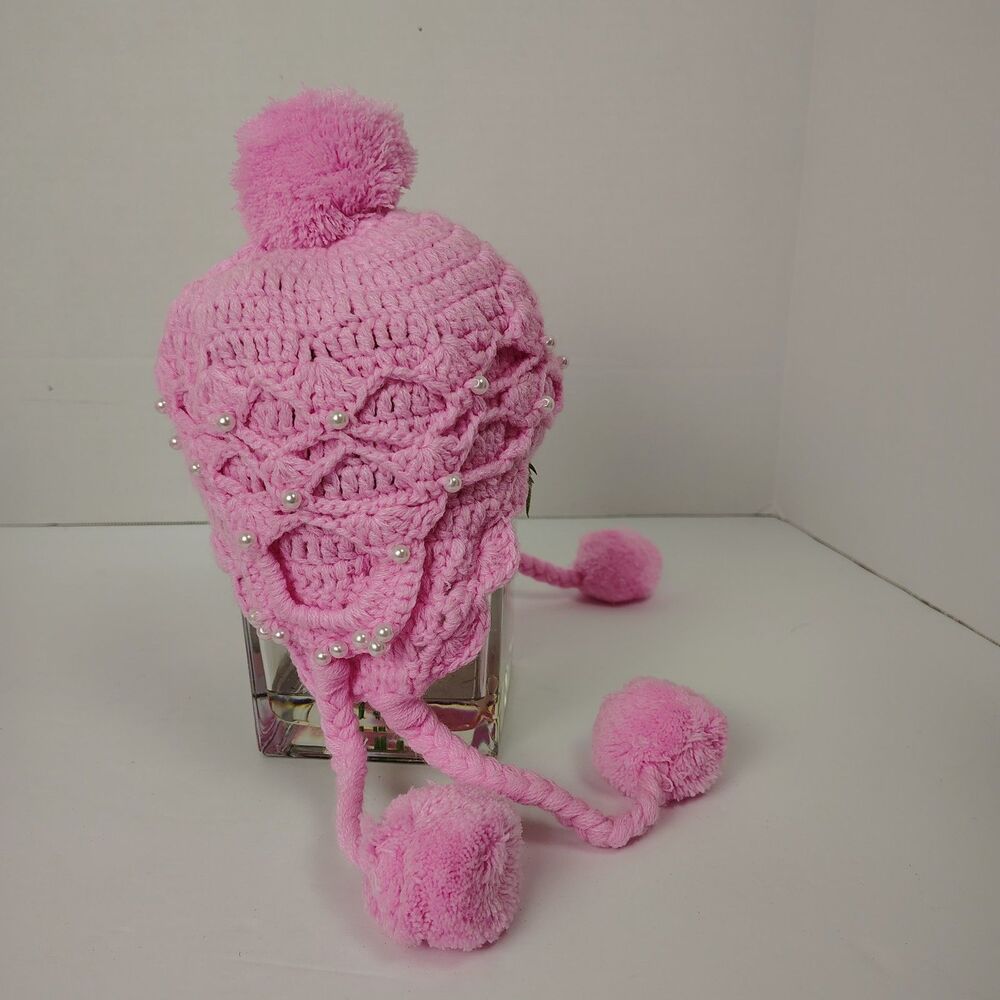 Handmade Crochet Pastel Beanie Winter Hat Baby /Toddler Tassel Pom Pom Pearls #4